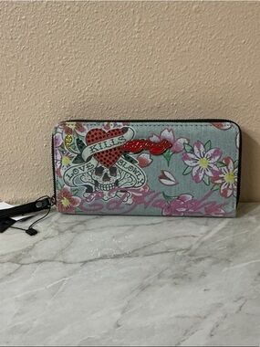 Ed Hardy Denim Light Blue and Pink Floral Skull Zip Wallet.